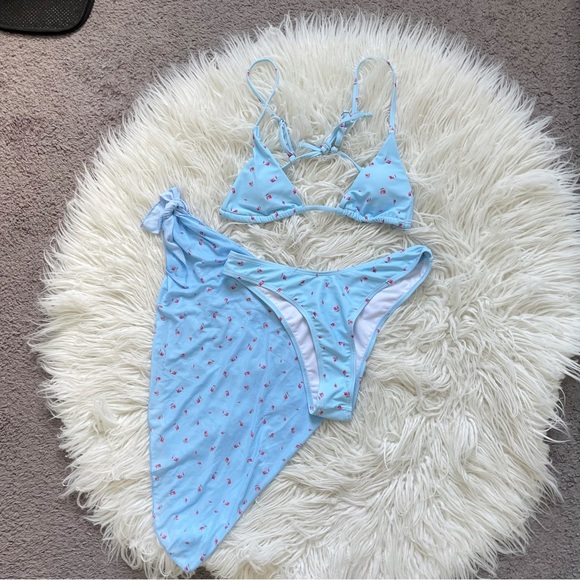 SOLY HUX 3 Piece Triangle Bikini Set with Mesh Cover Up Beach Skirt Blue Floral - Picture 6 of 11